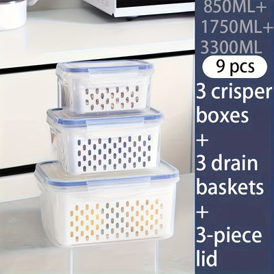 Juego de 9 contenedores de almacenamiento de alimentos de plástico sin BPA con cestas de drenaje y tapas - A prueba de fugas, aptos para congelador, organizadores de cocina multiusos reutilizables para frutas, verduras y alimentos.