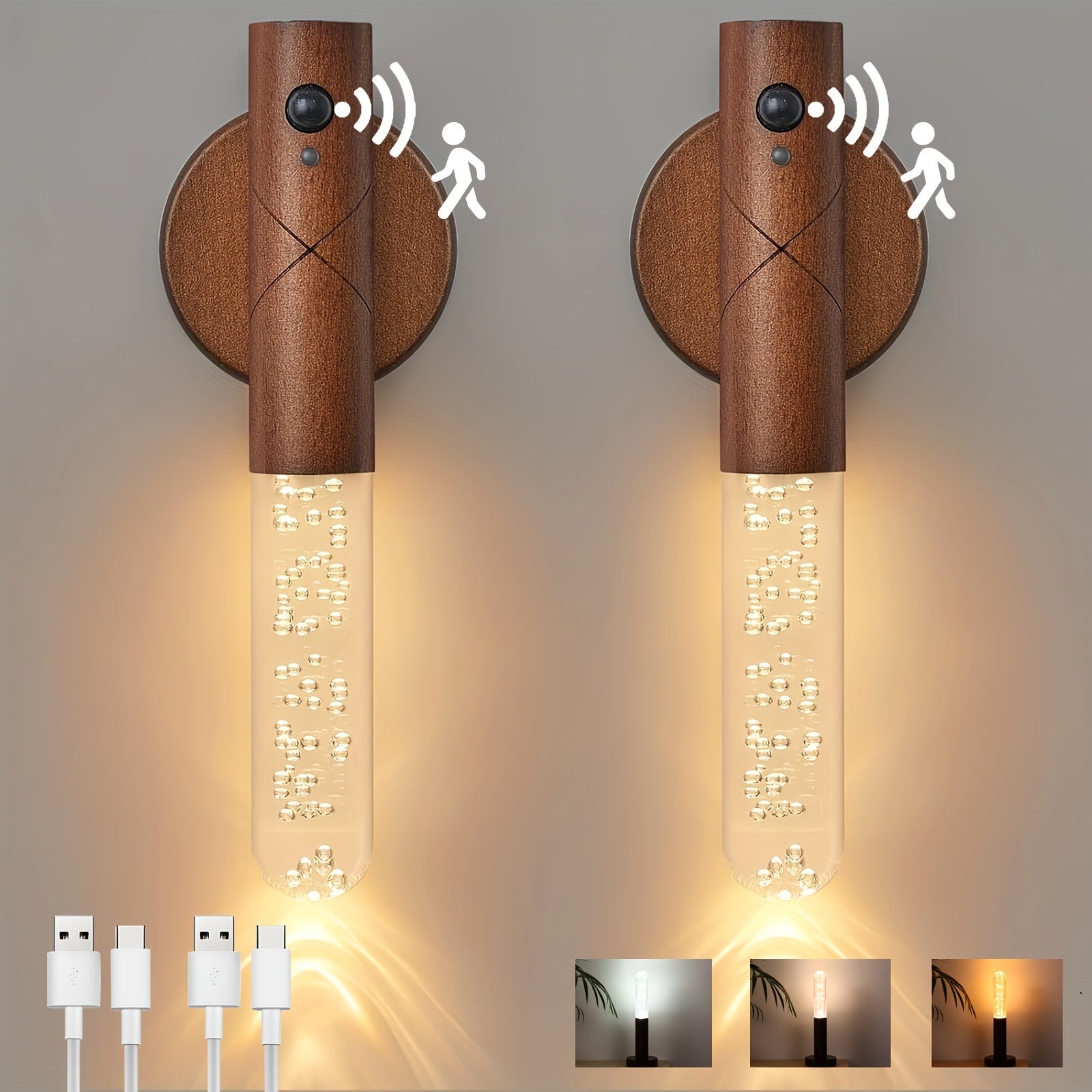 2 Piezas de Aplique con Sensor de Movimiento Recargable, Luces LED Portátiles Magnéticas para Escaleras y Dormitorio, Alimentadas por Batería, Color Marrón Oscuro, Iluminación Cálida Blanca