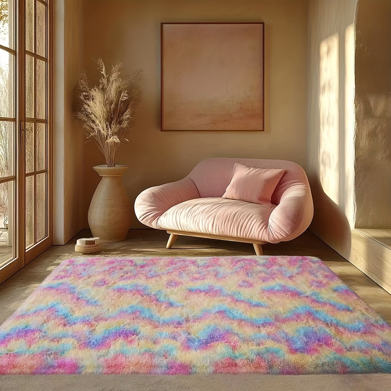 Alfombra mullida de pelo largo para dormitorio, alfombra suave de peluche arcoíris para sala, alfombra interior arcoíris, alfombra ultra suave de peluche, alfombra teñida al anudar para dormitorio y sala, decoración para el hogar