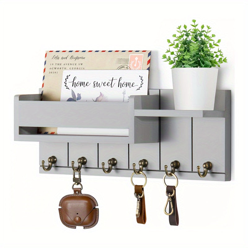 Portallaves de pared de madera rústica con organizador de correo y bandeja - Fácil instalación, decoración de granja para sala de estar, cocina, pasillo - Ganchos de pared para llaves y accesorios