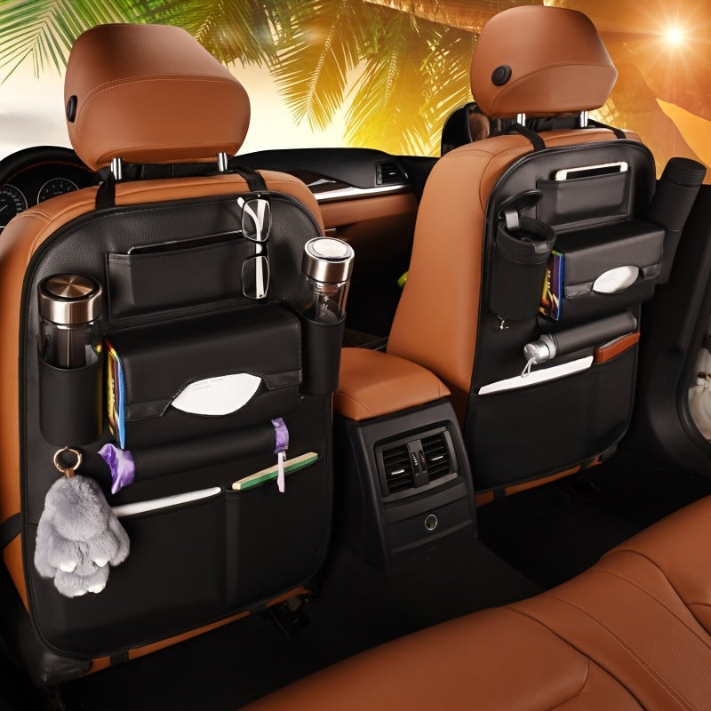 Organizador de Asiento Trasero para Coche en Cuero PU con Múltiples Bolsillos - Marrón, Ideal para Sedanes, Camionetas y SUVs, Incluye Portavasos, Ganchos y Bolsillo de Malla para Almacenamiento y Organización Máxima