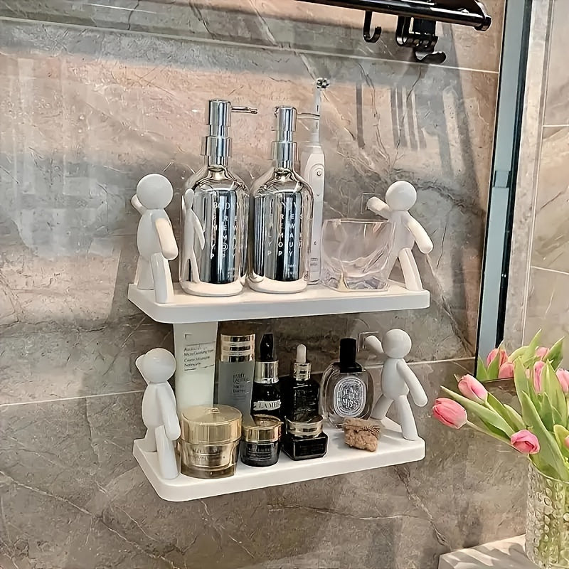 Estantes de pared modernos de plástico con figuras humanoides - Estantería de almacenamiento de varios niveles para baño, cocina o decoración de baño, detalles blancos y dorados, diseño de colgamiento de pared, estantes de baño | Estantes de pared modern