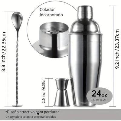 Juego de coctelera de acero inoxidable de 24 oz con jigger y cuchara mezcladora - Kit de barman profesional con colador incorporado para Martini, Margarita y mezcla de bebidas