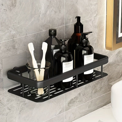 Estante de baño multifuncional | Adecuado para 5 escenas, soporte de pared sin taladro | Fregadero de plástico duradero con cinta de drenaje | Acabado negro elegante | Organizador de champú, jabón y accesorios que ahorra espacio | Instalación fácil | Ele