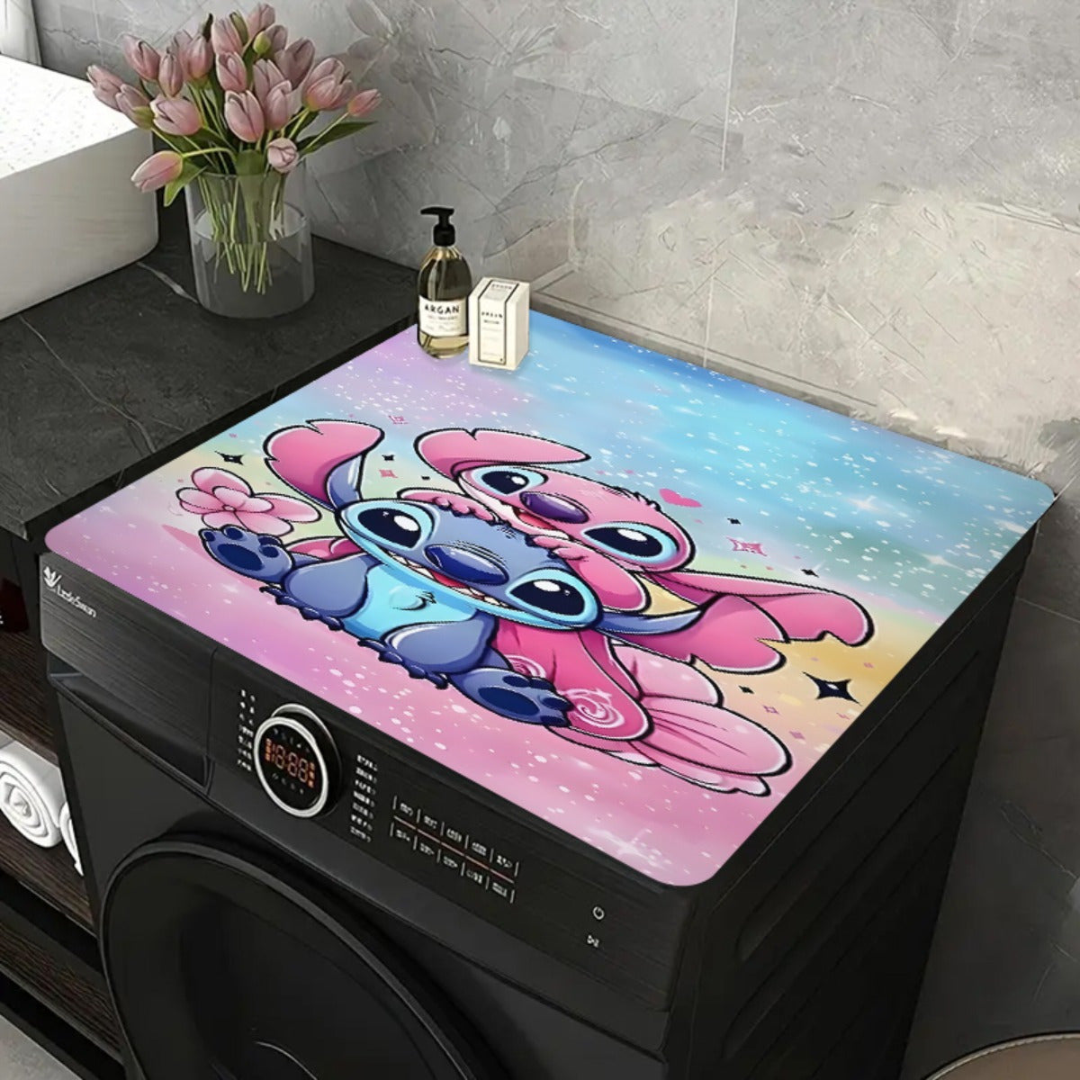 1 pieza de goma de tapa superior de lavadora - Alfombra decorativa con diseño de dibujos animados lindos con estrellas y corazones, diseño juguetón, tapa de lavadora duradera y antideslizante para lavadoras de carga frontal, accesorios de lavadora, decor