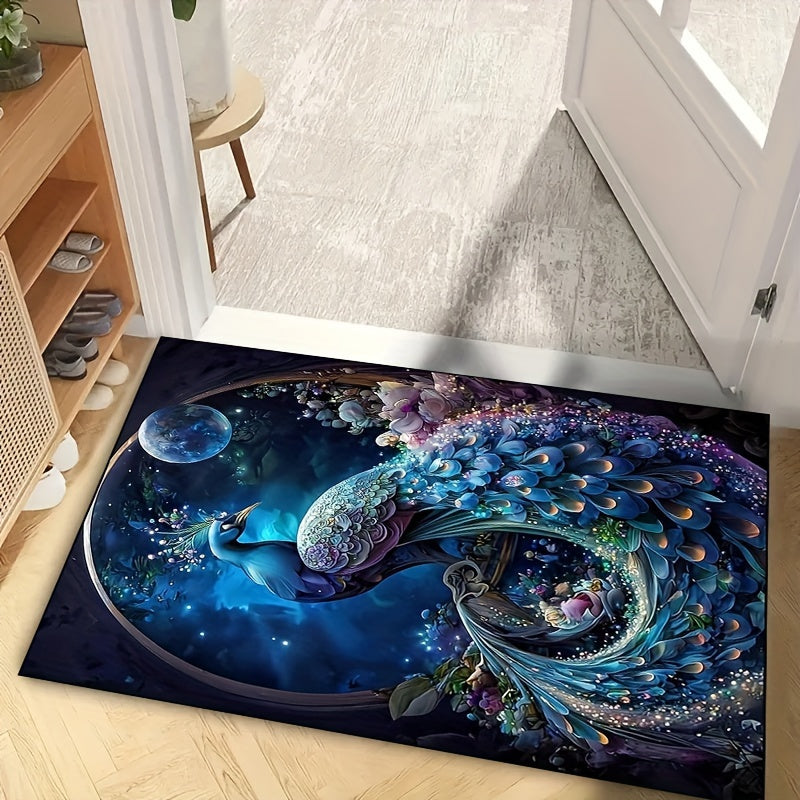 1pc Alfombra de Área con Patrón de Pavo Real, Alfombra de Fibra de Poliéster Antideslizante para Sala de Juegos, Adecuada para Jugadores de Videojuegos - Lavable a Máquina, Alfombra para Suelo de Sofá y Mesa de Café - Perfecta para Dormitorios, Habitacio