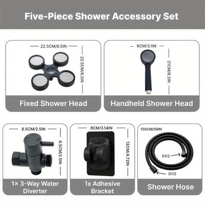 1 ducha de lujo, línea de cintura, cabezal de lluvia de alta presión y juego 2 en 1 portátil. Manguera extra larga, divisor de 3 vías y soporte adhesivo para ducha, accesorios de baño completo, set de ducha