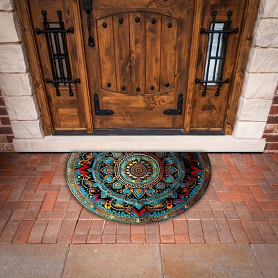 Felpudo de entrada Boho Mandala Semi-Circular, Antideslizante, Superabsorbente de fibra de poliéster de terciopelo de cristal con respaldo de moldeado de punto, lavable en máquina para entrada, sala de estar, cocina - 1000gsm, adecuado para centros comer