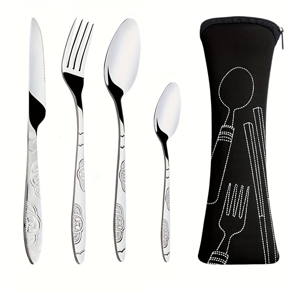 Juego de cubiertos premium de acero inoxidable, 5 piezas - cuchillo, tenedor y cuchara livianos, duraderos y antióxido, con estuche elegante - ideal para camping, viajes, picnics, trabajo y senderismo