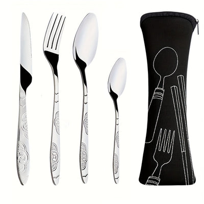 Juego de cubiertos premium de acero inoxidable, 5 piezas - cuchillo, tenedor y cuchara livianos, duraderos y antióxido, con estuche elegante - ideal para camping, viajes, picnics, trabajo y senderismo