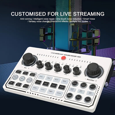 Interfaz de audio portátil, dispositivo de tarjeta de sonido, para uso en PC, iPad, teléfono. Ideal para grabación, transmisión en vivo, comentarios de gestos, expresión personal, etc. Con batería recargable de litio 18650 incorporada, se puede usar al a