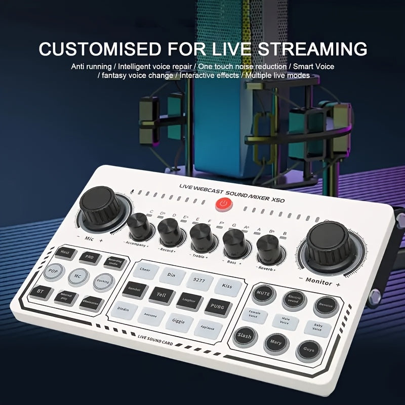 Interfaz de audio portátil, dispositivo de tarjeta de sonido, para uso en PC, iPad, teléfono. Ideal para grabación, transmisión en vivo, comentarios de gestos, expresión personal, etc. Con batería recargable de litio 18650 incorporada, se puede usar al a