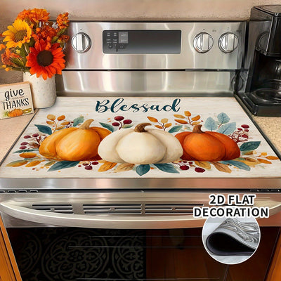 1pc Cubierta para Estufa de Acción de Gracias - con Letras Bendecidas, Revestimiento Antideslizante de Goma, Decoración de Cocina Otoñal para Estufas de Gas/Eléctricas, Diseño Floral de Calabaza en Naranja/Beige, Compatible con la Mayoría de Estufas - Fá