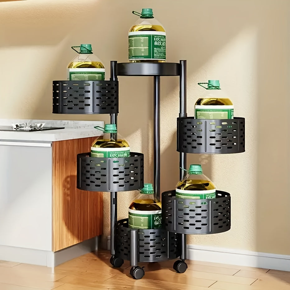 Estantería de cocina giratoria de cinco niveles con ruedas - cesta circular de malla, ideal para cocina, sala y baño, ahorrador de espacio, gabinete de almacenamiento sin necesidad de montaje