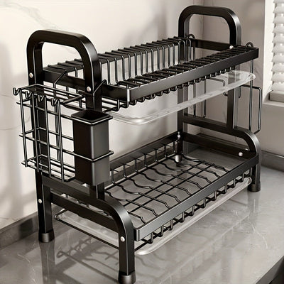1 caja de almacenamiento de doble capa de acero inoxidable para cocina, secado rápido de múltiples capas, sin manchas de agua, estante de platos multifuncional, para tazones, platos y cubiertos.