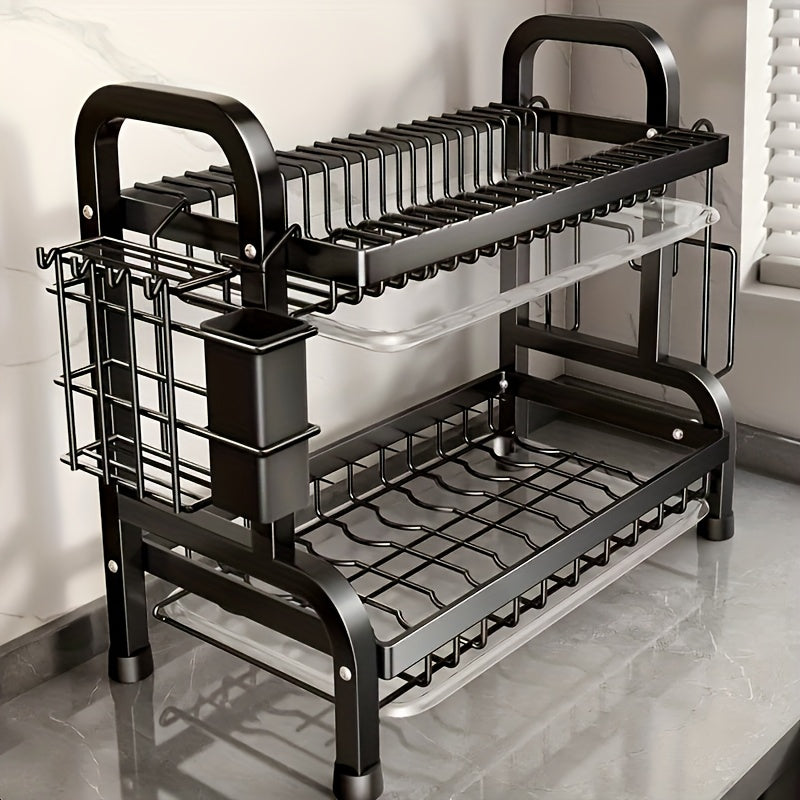 1 caja de almacenamiento de doble capa de acero inoxidable para cocina, secado rápido de múltiples capas, sin manchas de agua, estante de platos multifuncional, para tazones, platos y cubiertos.