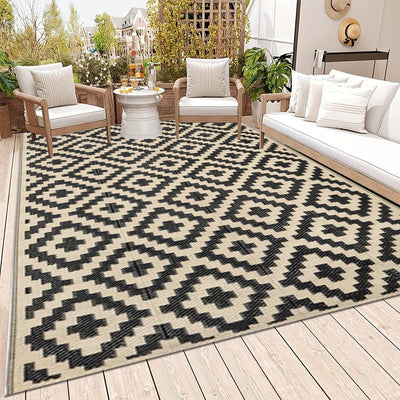 Tapete geométrico duradero de color negro y beige para exteriores - Tapete plegable de plástico para decks, patios, camping, playas y más - Hecho a máquina, ligero y fácil de limpiar, tapete para exteriores | Tapete con patrón geométrico | Tapete de plás