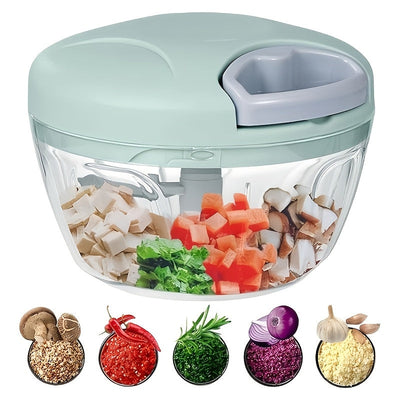 Un procesador de alimentos manual multifuncional - picadora de alimentos manual, procesador de cocina manual, cortador adecuado para verduras, carne, frutas, nueces, ajo, cebolla, fabricante de ensaladas de chile - una herramienta de cocina eficiente