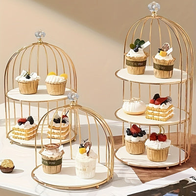 Elegante Soporte para Pastel de Doble Capa con Forma de Jaula de Pájaros - Exhibidor de Postres de Hierro Fundido Dorado para Sala de Estar, Perfecto para Aperitivos, Frutas y Dulces