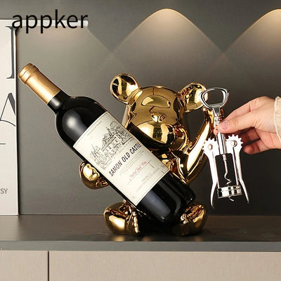 Estante de vino de oso de dibujos animados de terracota Appker con abridor de botellas integrado, exhibición de almacenamiento decorativo de cerámica para la sala de estar, decoración de cocina de bar en casa