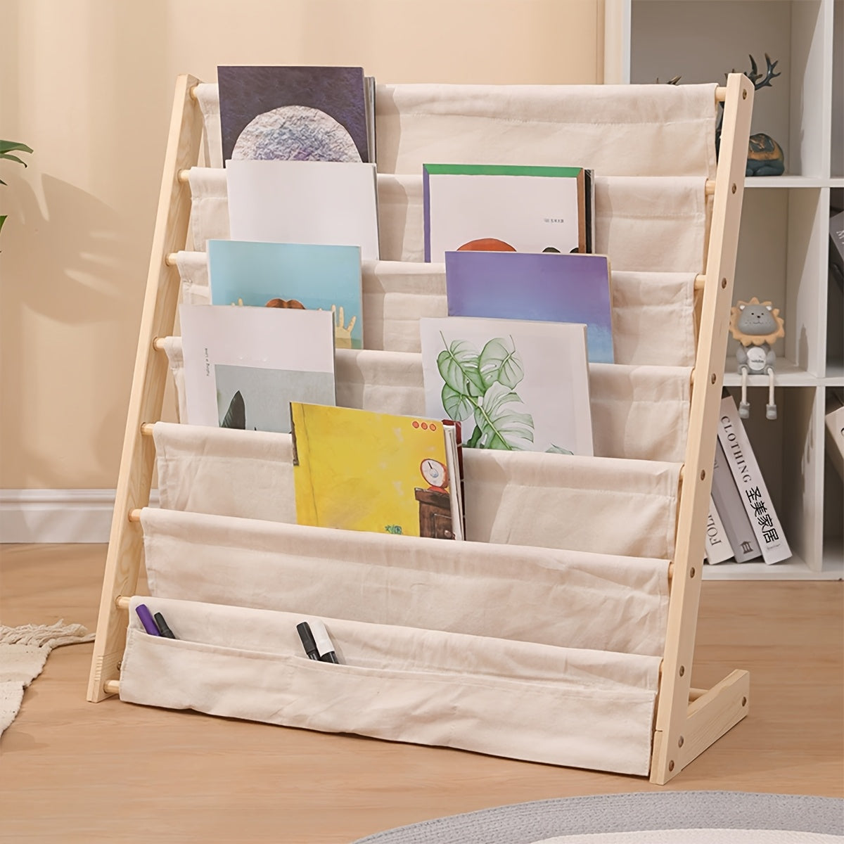 1pc Estantería Clásica de Madera Multinivel con Almacenamiento de Tela - Organizador Versátil para Libros, Revistas, Archivos | Ideal para Estudio, Dormitorio, Decoración de Oficina | No Necesita Energía