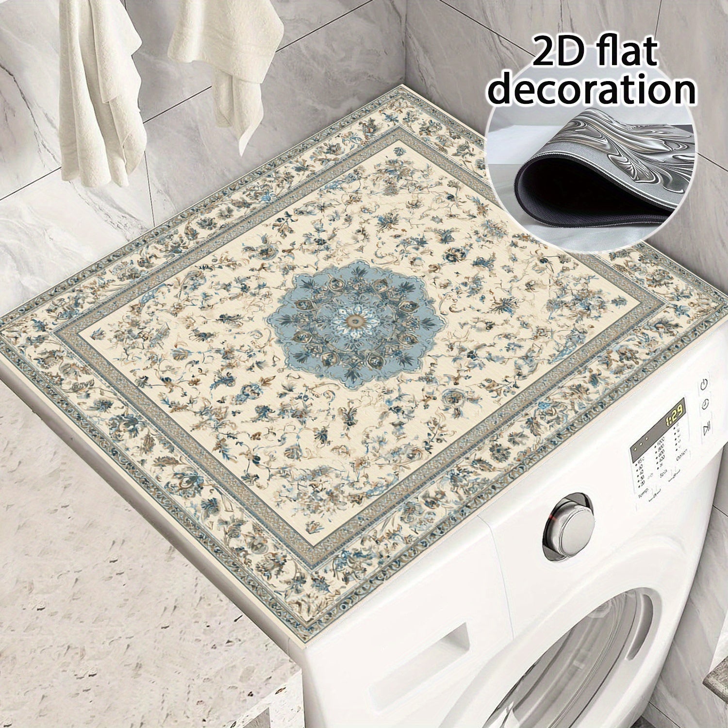 Fundas Protectora 2D Plana para Lavadora y Secadora - Organizador de Lavandería, Cubierta Geométrica Azul con Diseño Floral, Fácil de Limpiar y Estilosa, Tapete para Encimera de Lavadoras y Secadoras