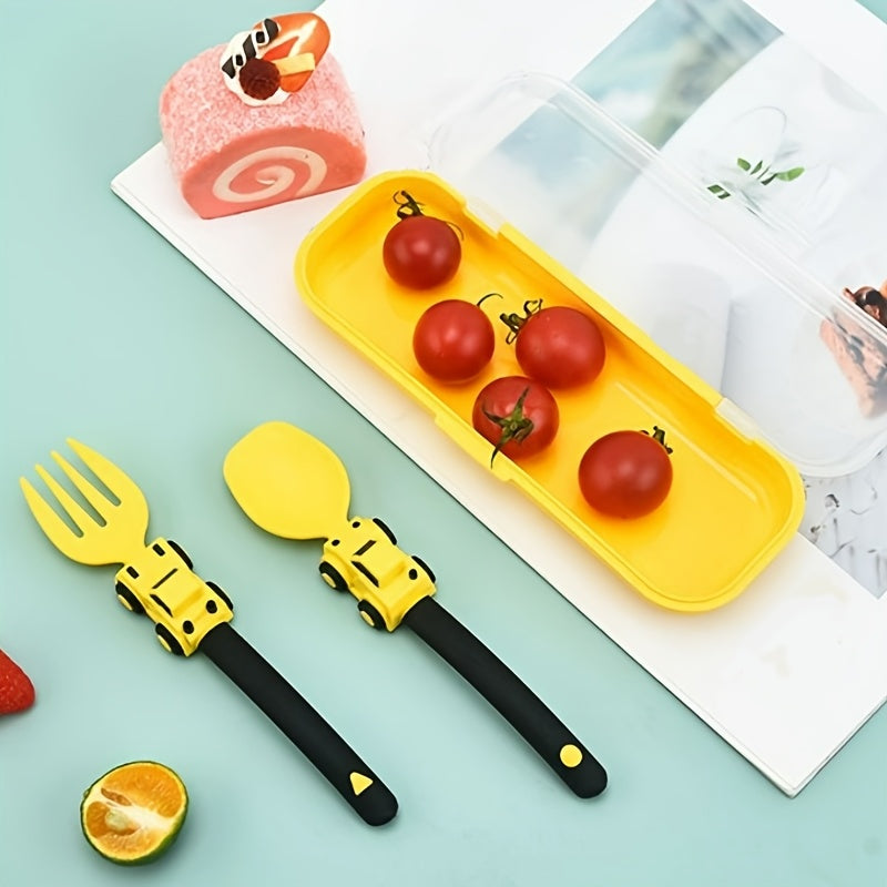 1 Pieza, Juego De Utensilios Para Niños Con Tenedor Y Cuchara, Tema De Vehículos De Ingeniería, Material PP, Diseño Antibacteriano Portátil, Agarre Suave, Apto Para Lavavajillas, Viene Con Caja De Almacenamiento, Ideal Para Uso En Casa Y Viajes