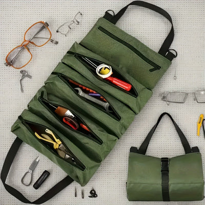 Bolsa de herramientas multiusos resistente - Caja de herramientas con cremallera amplia y múltiples compartimentos para camping, jardinería y entusiastas de bricolaje - Tela negra, lavable en máquina, equipo de camping y accesorios, almacenamiento organi