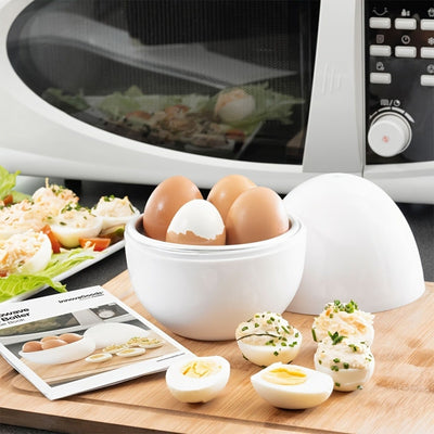 1 pieza de hervidor de huevos de aguas termales para casa, puede ser utilizado en el microondas para hervir 4 huevos al mismo tiempo, equipado con tapa selladora de rosca y separador para viajes en RV, hervidor portátil.