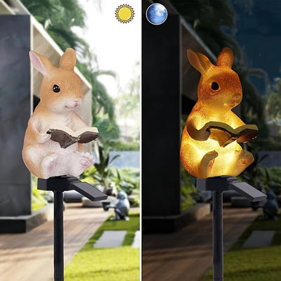 Estatuilla de Conejo con Luz LED Solar para Jardín - Decoración Exterior en Resina con Luz Cálida Amarilla, Ideal para Patios, Césped y Fiestas
