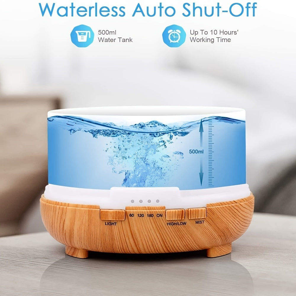 1pc Difusor de Aromas 500ml Humidificador de Aire Diseño Simple Luces LED de 7 Colores y Luz Cálida Función Auto-Off Sin Agua Rociado Continuo Operación Silenciosa para Sala Hotel Dormitorio