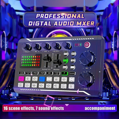 La tarjeta de sonido en vivo profesional F998 cuenta con un cambiador de voz y efectos de mezcla de DJ. Es recargable por USB y puede producir más de cuatro modificaciones únicas de sonido. Con un conector de 3,5 mm, es ideal para grabaciones de computad