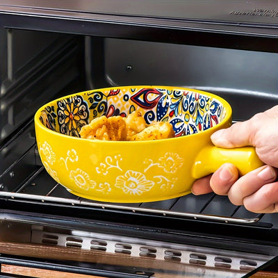 Ensaladera bohemia de cerámica con asa, 22.1 cm, apta para microondas y horno, ideal para hornear y servir en casa