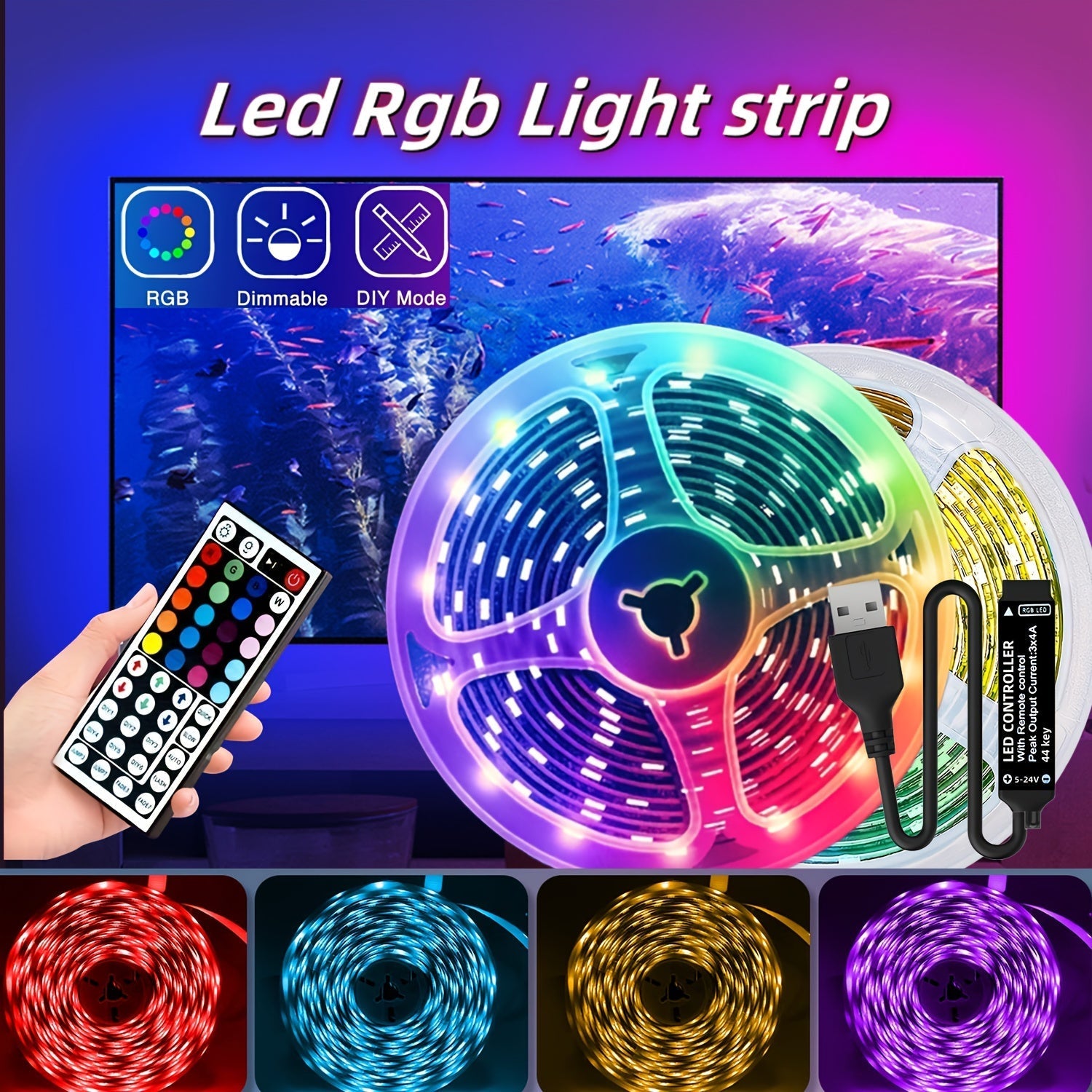 Tira de luces LED RGB de carga USB 5V 3535 con 44 teclas, fuente de alimentación USB FÁCIL de INSTALAR, cambio de color RGB con fuente de alimentación de 5V, luces LED RGB adecuadas para iluminación de escenario, decoración del hogar, fiestas y festivale