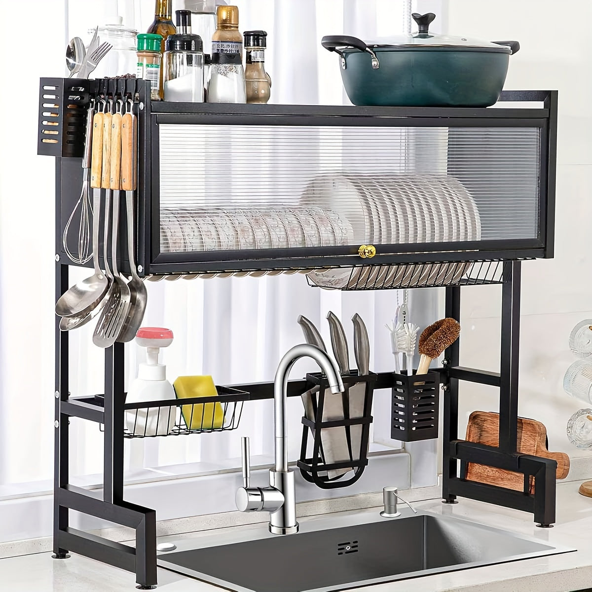 [Escurridor Moderno de Metal] Escurridor de Platos Moderno de Metal 1ud de Doble Capa Sobre Fregadero - Almacenamiento Multifuncional, Tapa Abatible, Soporte para Utensilios, Organizador de Cocina Negro (25.59"L x 11.02"W x 31.88"H)