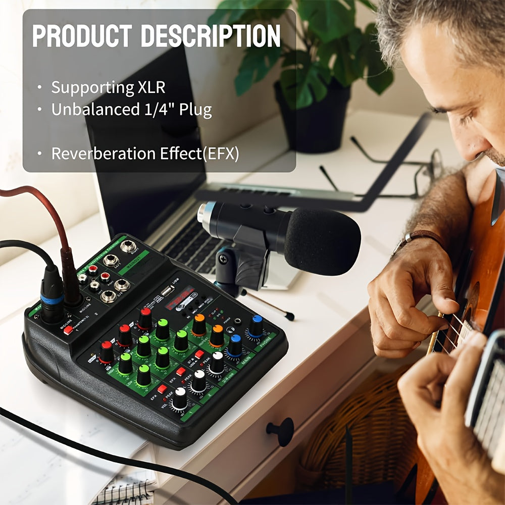 TAVOSOP Profesional 4 canales, mezclador de audio portátil, mezclador estéreo mini DJ con USB, verde, material ABS, compatible con interfaz de audio y tarjeta de sonido para producción musical en casa, DJ Karaok