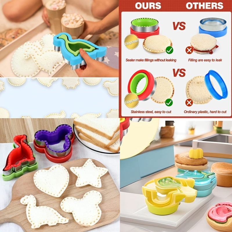Juego de Cortador y Sellador de Sándwiches de 4 Piezas - Acero Inoxidable, Antiadherente para Hacer Galletas y Pan DIY - Formas Divertidas Incluyendo Dinosaurio, Ratón, Flor, Círculo - Ideal para Niños y Adultos, Colores Aleatorios