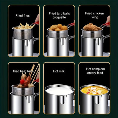 Fritadora profunda de acero inoxidable con soporte de colador integrado - Compacta y duradera, fácil de limpiar, perfecta para papas fritas, pescado y pollo - Esencial para la cocina del hogar, cocina sin aceite, moderna vajilla, material fácil de limpia
