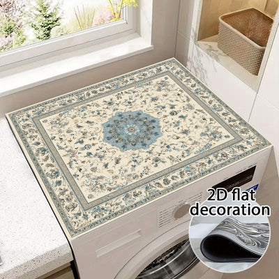 Fundas Protectora 2D Plana para Lavadora y Secadora - Organizador de Lavandería, Cubierta Geométrica Azul con Diseño Floral, Fácil de Limpiar y Estilosa, Tapete para Encimera de Lavadoras y Secadoras