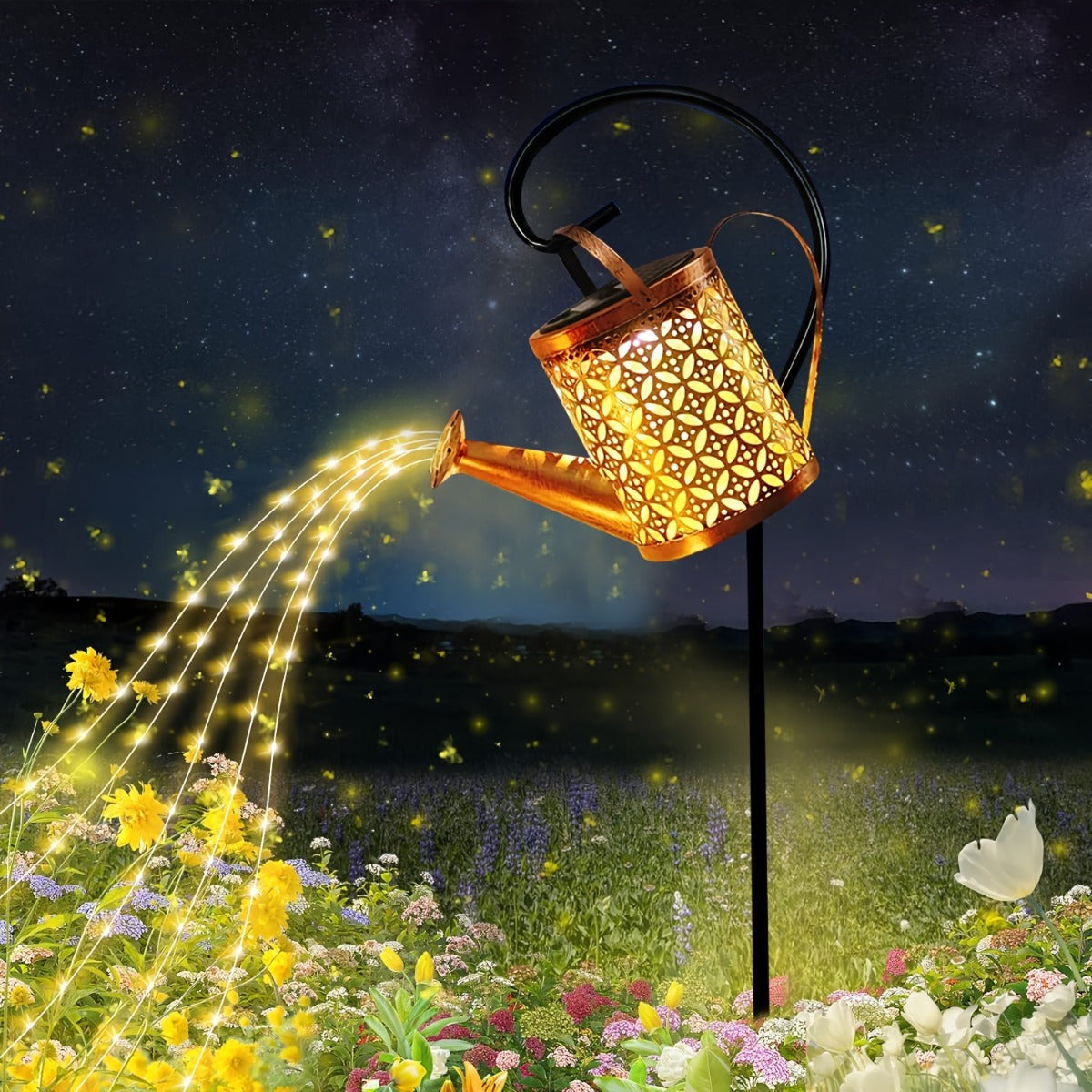 Luces de cuerda de regadera suspendida de verano - Efecto luciérnaga, regadera hueca vintage con luces de regadera, adecuado para patio, jardín, sendero, regalo de vacaciones, decora tu jardín navideño en todas las cuatro estaciones.