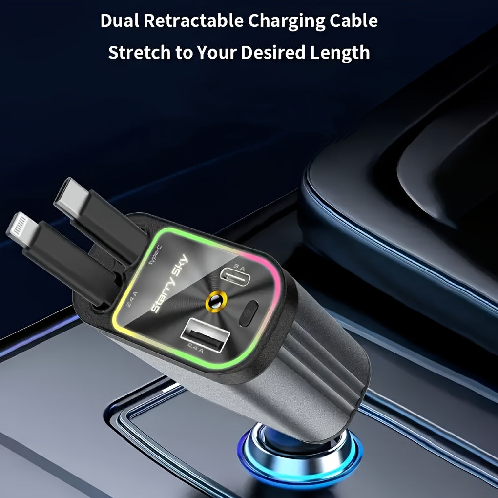 Cargador de auto retráctil SAN.COMO, cargador de auto 4 en 1 con diseño estelar, carga rápida dual USB-C, cable retráctil extensible de 80 cm (doble puerto y doble cable) y 2 puertos USB, adaptador de cargador de auto de 66W, ajuste libre de 180°, diseño