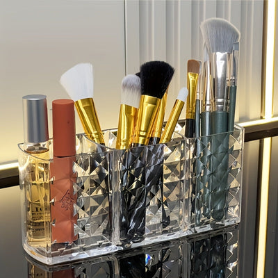 1pc Soporte de cepillo de maquillaje de acrílico de lujo - Organizador de cosméticos de 3 compartimentos, estuche de exhibición de mostrador, plástico ligero, no requiere energía, solución de almacenamiento independiente y elegante
