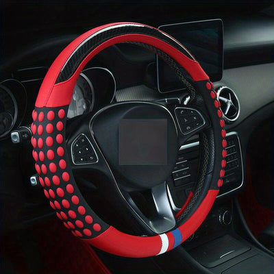 Funda de Volante de Cuero PU con Anillo Interior - Diseño de Agarre con Puntos Rojos y Negros, Protección Cómoda y Elegante para Todas las Estaciones, Compatible con la Mayoría de los Coches (161-252mm)