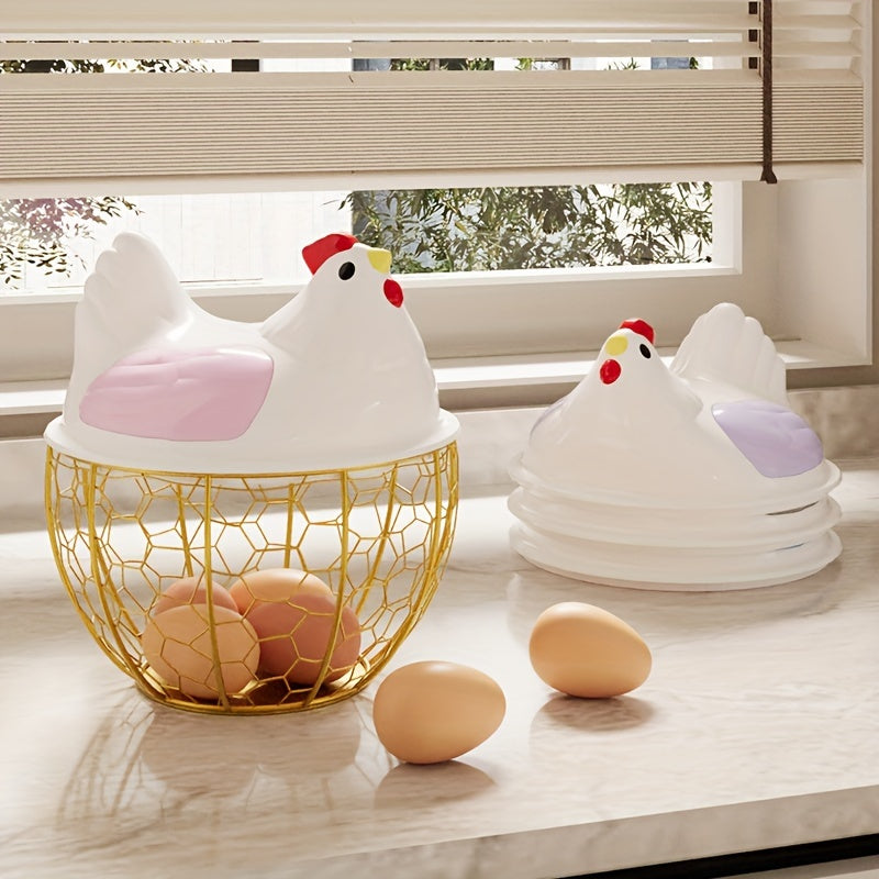 Portador de huevos de cerámica moderna en forma de pollo con acordes coloridos - Elegante cesta de almacenamiento de cocina para huevos y artículos pequeños, material plástico, perfecto para decoración del hogar, portador de huevos para refrigerador.