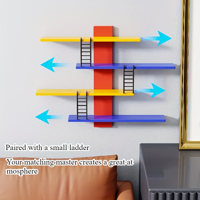 Estantería de Pared de 4 Niveles Colorida - Organizador Multifuncional Estilo Bohemio para Juguetes Coleccionables, Cosméticos y Accesorios - Instalación Sin Taladro, Estantes en Capas Azul/Amarillo/Rojo, Decoración Hogareña Ahorradora de Espacio, Diseño