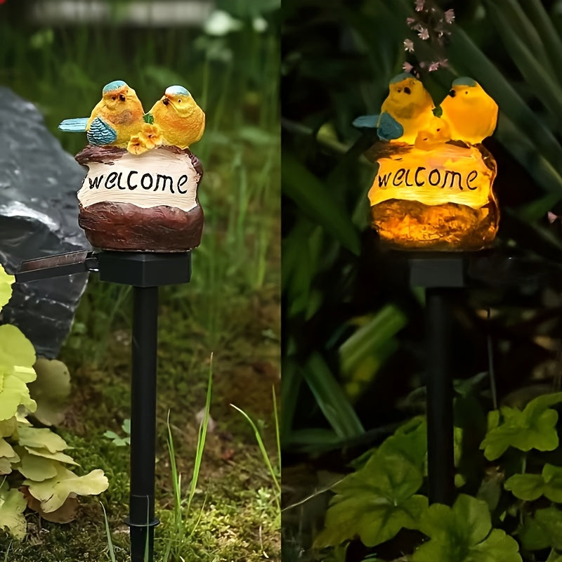 1pc Luces de Jardín con Forma de Pájaro Alimentadas por Energía Solar - Iluminación Ornamental, Brillo Amarillo Cálido Adecuado para Villas, Jardines y Senderos, Decoración Paisajística, Estacas de Resina para el Suelo, Adorno de Jardín con Aves