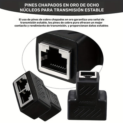 Conector divisor RJ45 de 1 pieza, adaptador extensor Ethernet 1 a 2 hembra a 2 hembra RJ45 para cable de red Ethernet
