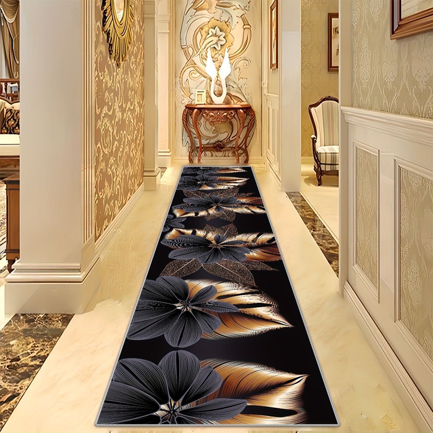1 pieza de Terciopelo Cristal de 800g con Grosor de 0.8cm, Fondo y Blanco con Patrón Dorado Largo, Alfombra de Poliéster de Lujo, Antideslizante para Puerta, Ligera, Adecuada para Dormitorio, Porche y Espacio Interior, Lavable a Máquina, Estera Larga
