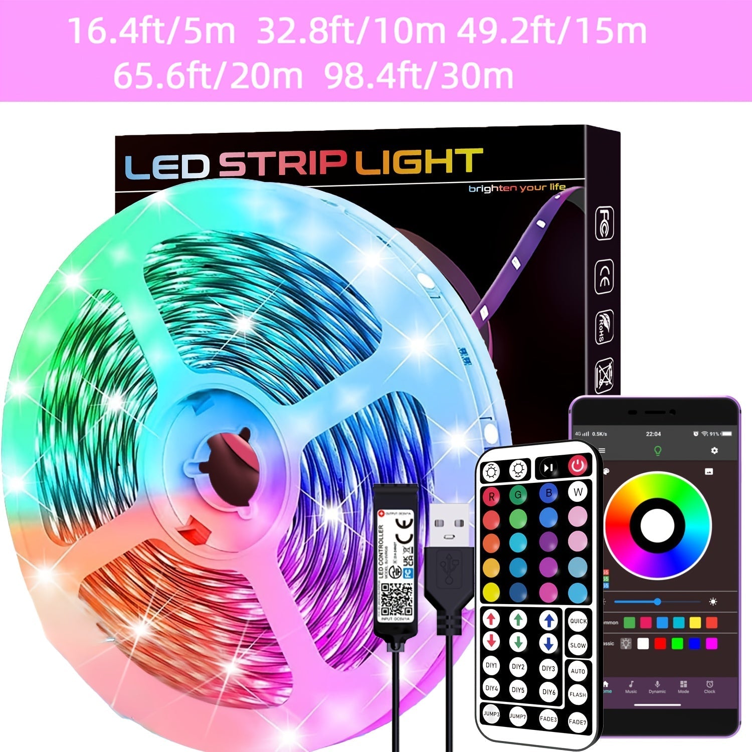 5.0 metros - 29.99 metros Tiras LED RGB para Decoración de Dormitorio, Control con Mando a Distancia de 44 Teclas y APP, Función de Temporizador, Cambio de Colores Sincronizado con Música, para Sala, Ambiente de Halloween Navidad, Fiestas, Salón de Conci