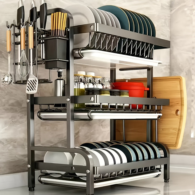 Estantería de Cocina de 3 Niveles en Acero Inoxidable con Sistema de Drenaje, Organizador Multifuncional para Tazones y Utensilios, Gran Capacidad y Diseño Ahorrador de Espacio Apto para Platos y Tablas de Cortar